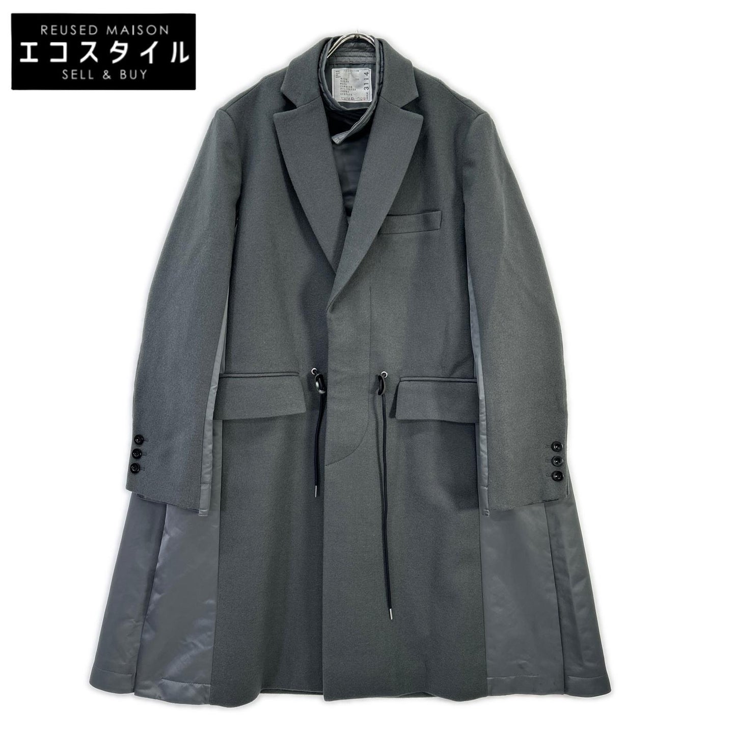 sacai 23SS 23-03114M Gray × Navy Wool Nylon Panelled Chesterfield Coat Coat