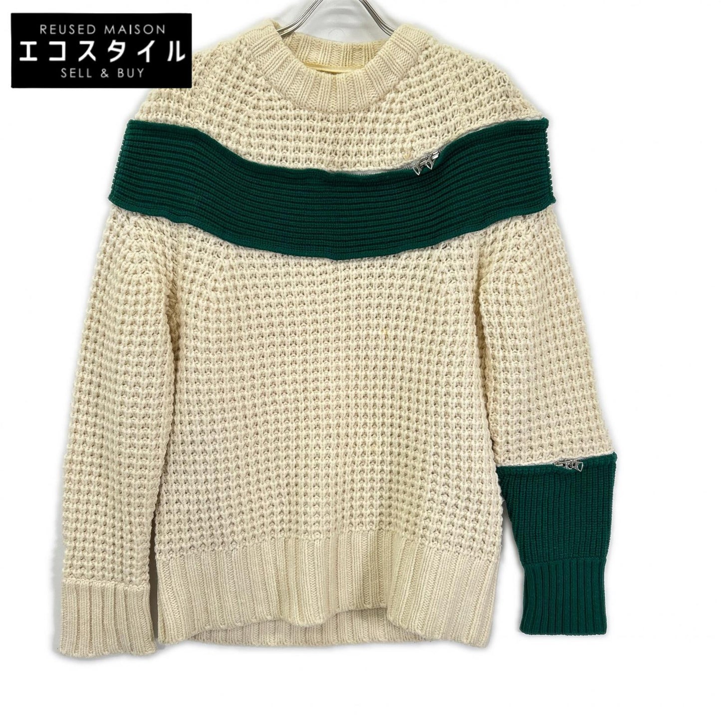 sacai サカイ 19年製 19-02082M アイボリー×グリーン ジップ切り替え セーター トップス