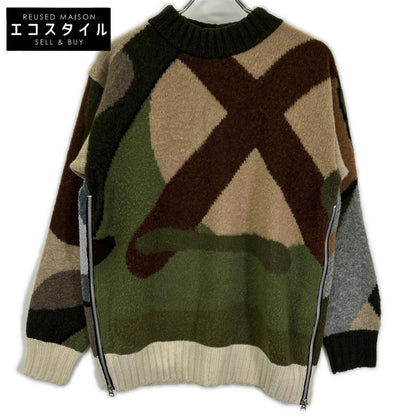 sacai × KAWS 2021 21-02579M Green × brown all-over jacquard knit pullover Top