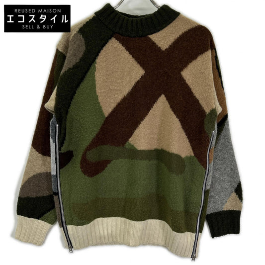 sacai サカイ 【×KAWS】21年製 21-02579M グリーン×ブラウン 総柄 ジャガードニットプルオーバー トップス