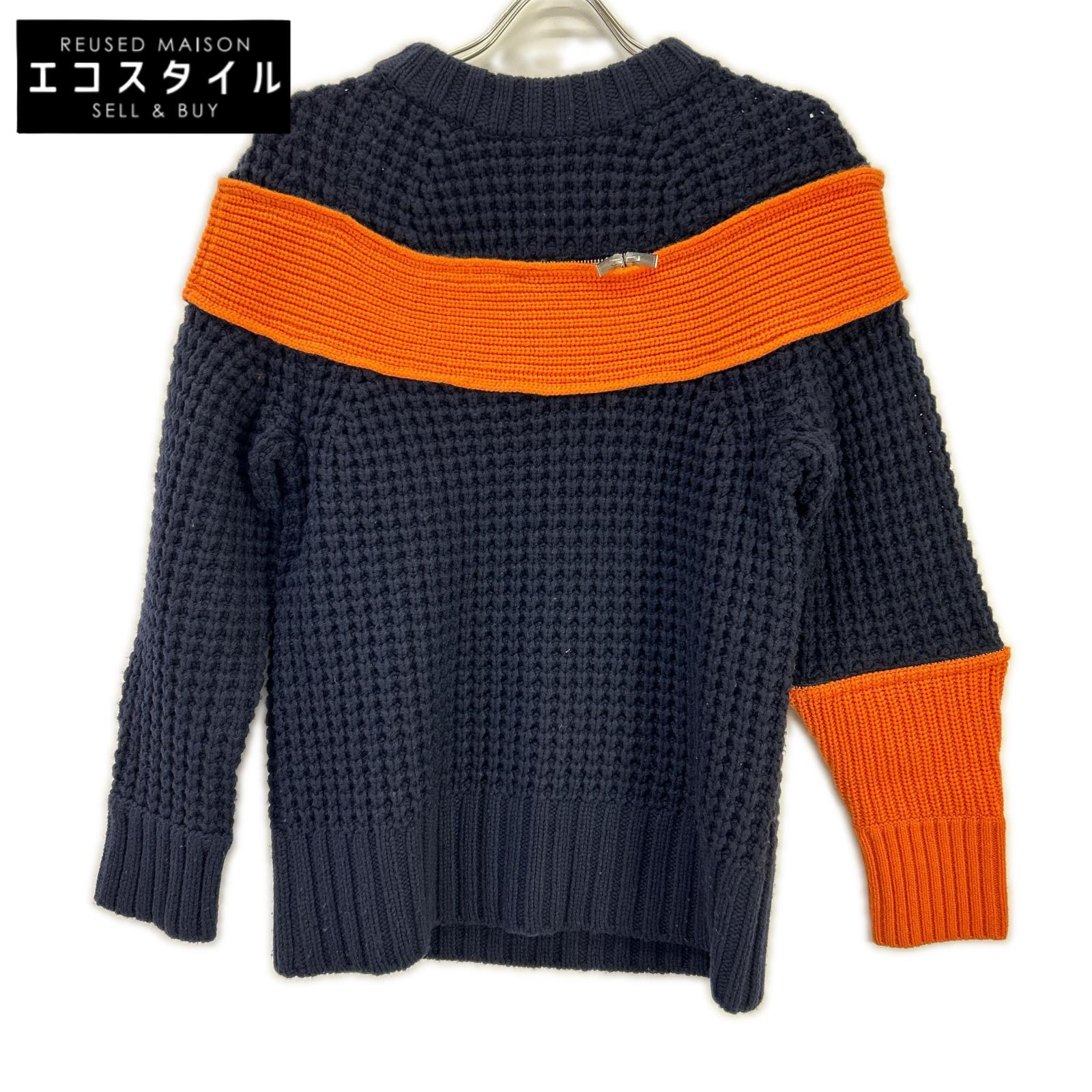 sacai サカイ 19年製 19-04591 ネイビー×オレンジ ジップアタッチメント 切り替え ニット トップス