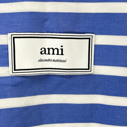 AMI PARIS アミパリス E18C213.401 ブルー×ホワイト ストライプ ロゴ刺繍 ショートスリーブ ボタンシャツ トップス