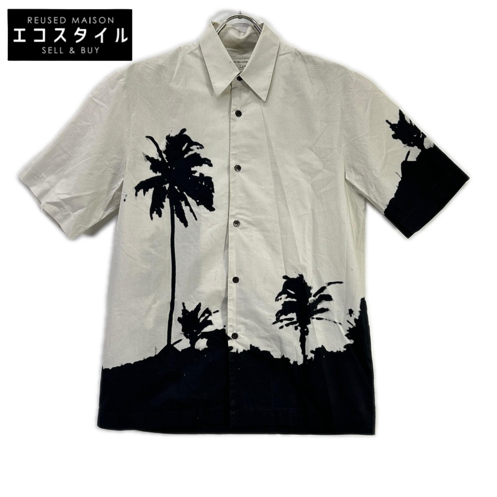 DRIES VAN NOTEN ドリスヴァンノッテン 【×Len Lye】ホワイト×ブラック パームツリー ショートスリーブボタンシャツ トップス