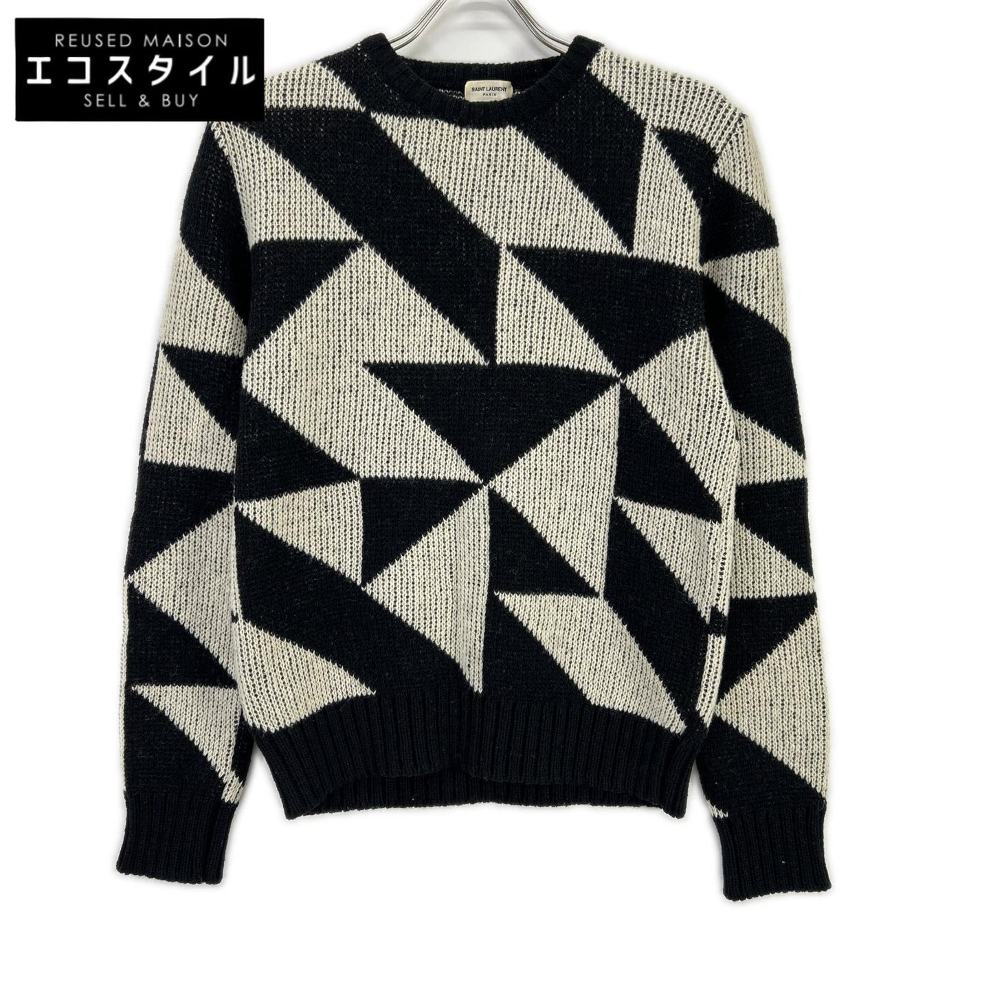SAINT LAURENT PARIS サンローランパリ 15FW 392581 Y1KJ1 ブラック×ホワイト 幾何学模様 エディ期 クルーネック ニット トップス