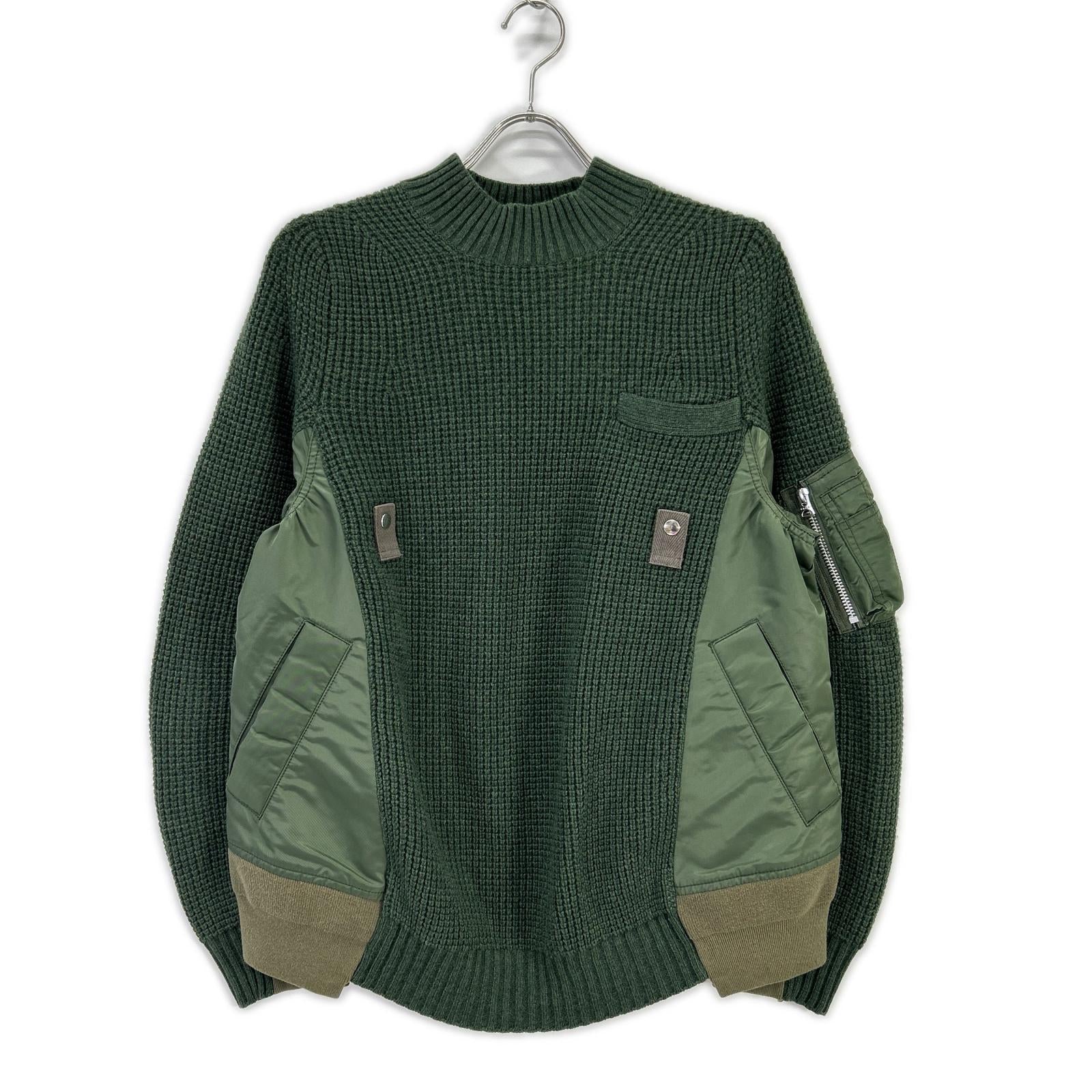 sacai サカイ 18年製 18-01777M カーキ ワッフル×ナイロン ドッキング ニット トップス