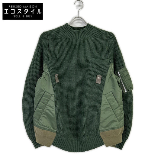sacai サカイ 18年製 18-01777M カーキ ワッフル×ナイロン ドッキング ニット トップス