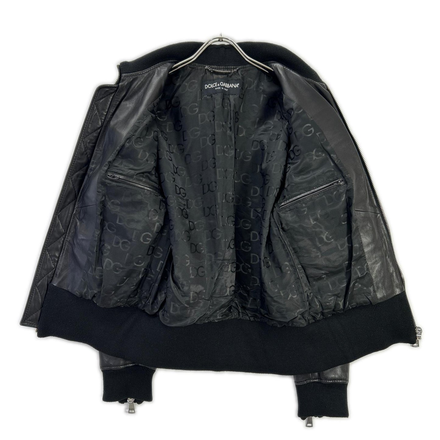 DOLCE&GABBANA ドルチェアンドガッバーナ G9500L ブラック レザー リブニット ジップアップジャケット ジャケット
