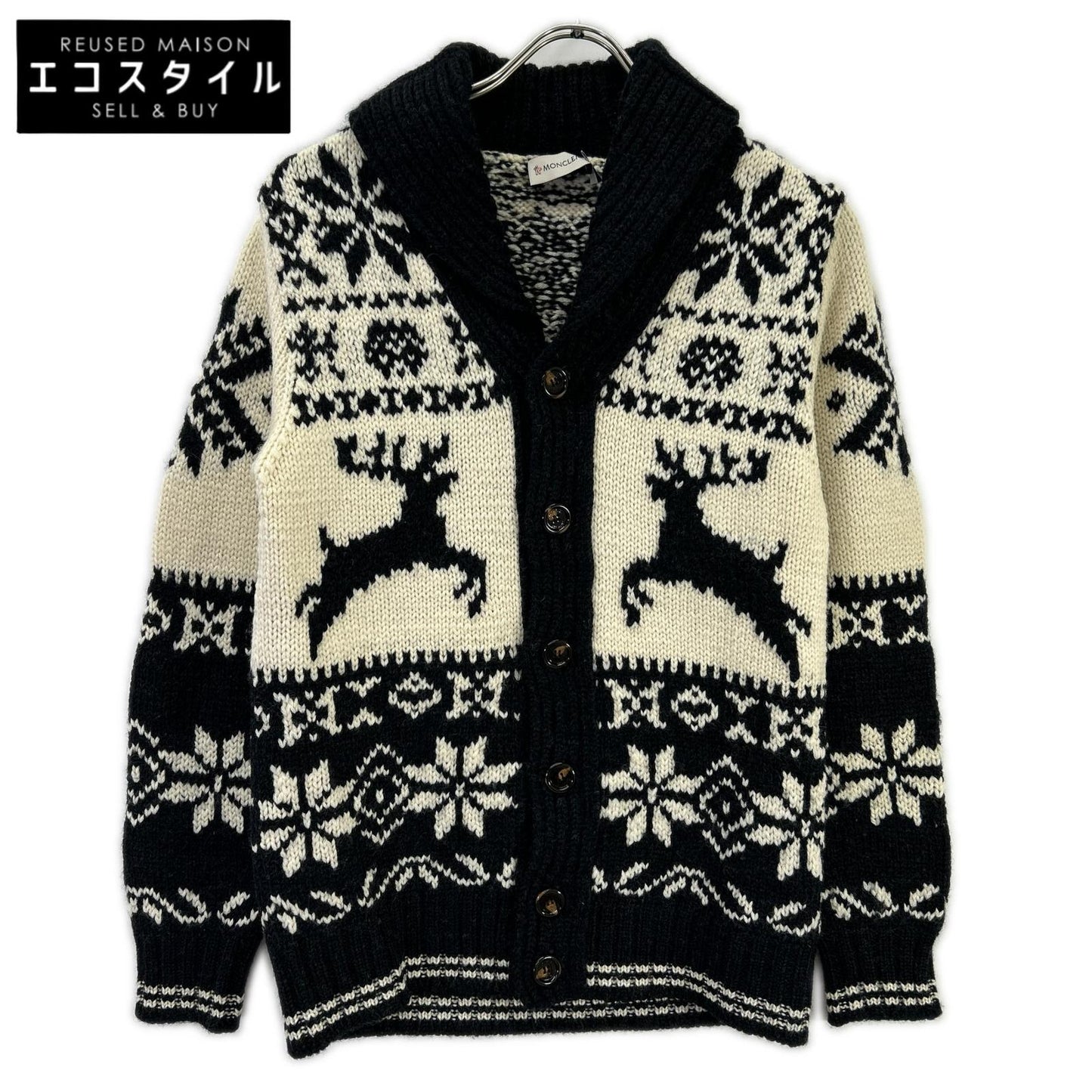MONCLER モンクレール アイボリー×ブラック ノルディック柄 MAGLIONE TRICOT CARDIGAN カウチンニット トップス
