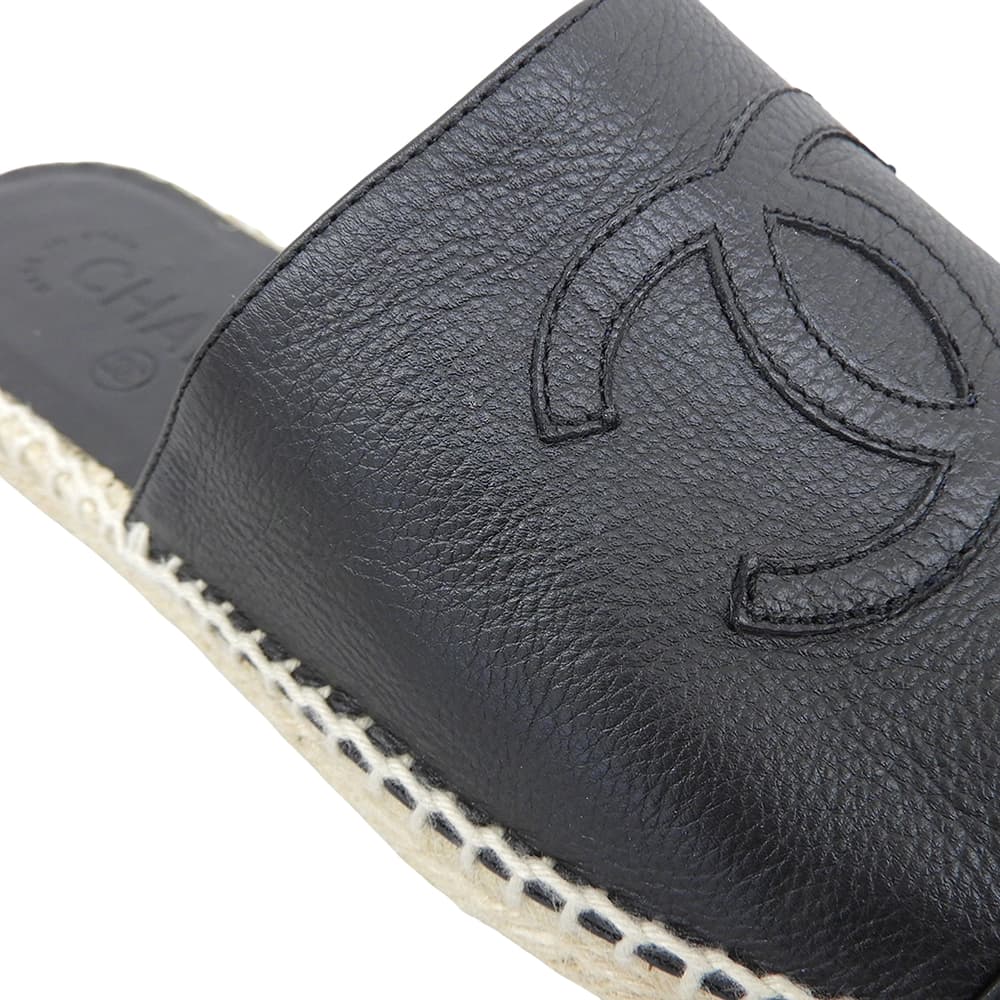 CHANEL シャネル 美品 レザー ココマーク エスパドリーユ ミュールサンダル シューズ レディース 黒 ブラック 37 G33553 シューズ
