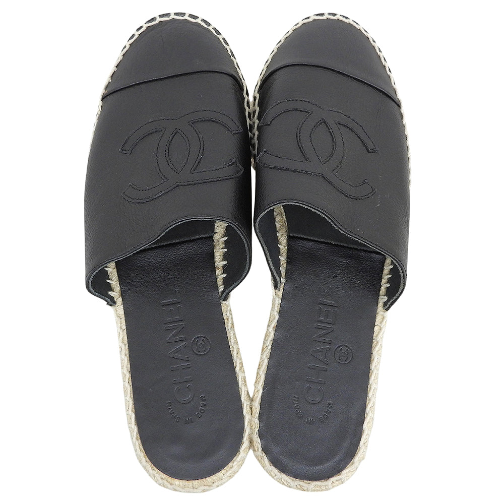 CHANEL シャネル 美品 レザー ココマーク エスパドリーユ ミュールサンダル シューズ レディース 黒 ブラック 37 G33553 シューズ