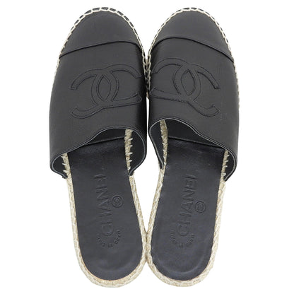 CHANEL シャネル 美品 レザー ココマーク エスパドリーユ ミュールサンダル シューズ レディース 黒 ブラック 37 G33553 シューズ