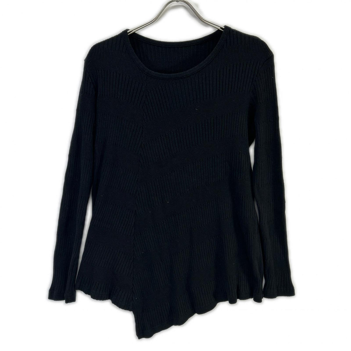 Y's YL-T09-062 25AW Black Random Rib Stripe Round-Neck Flare Long-Sleeve T Asymmetrical Rib Long-Sleeve Top Top