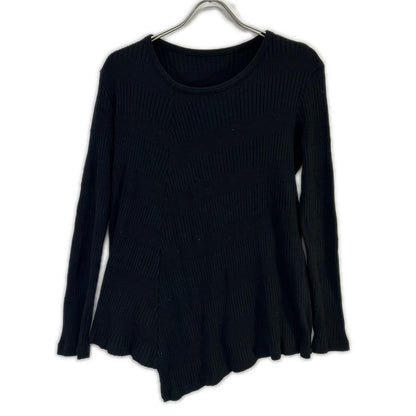 Y's YL-T09-062 25AW Black Random Rib Stripe Round-Neck Flare Long-Sleeve T Asymmetrical Rib Long-Sleeve Top Top