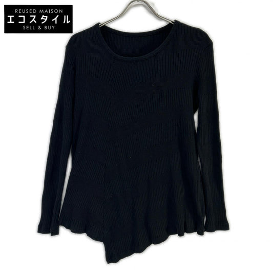 Y's ワイズ YL-T09-062 25AW ブラック RANDOM RIB STRIPE ROUND NECK FLARE LONG SLEEVE T アシンメトリーリブ長袖カットソー トップス