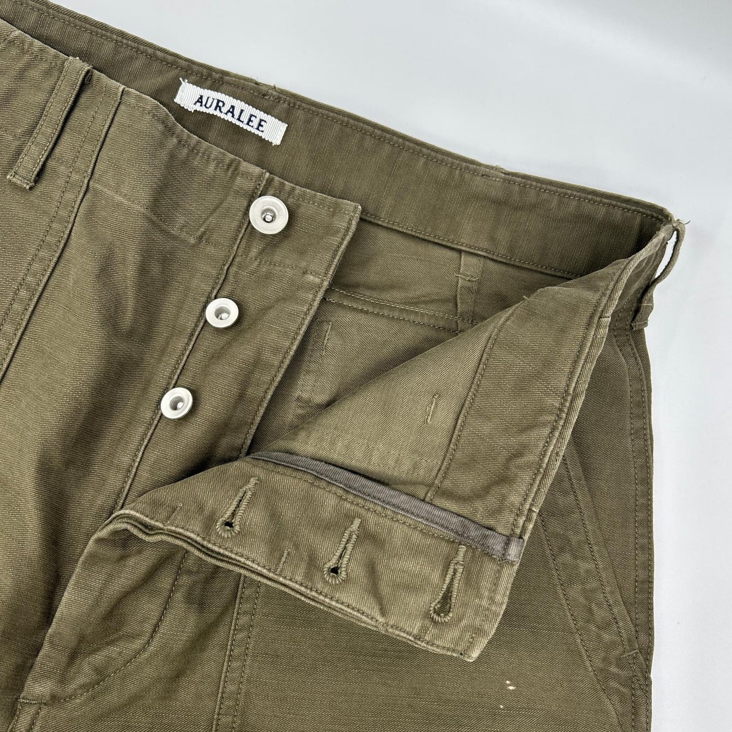 AURALEE オーラリー A25AP01BP 25AW オリーブグリーン WASHED BAGGY SATIN BLEACHED BAKER PANTS ペイントブリーチパンツ ボトムス