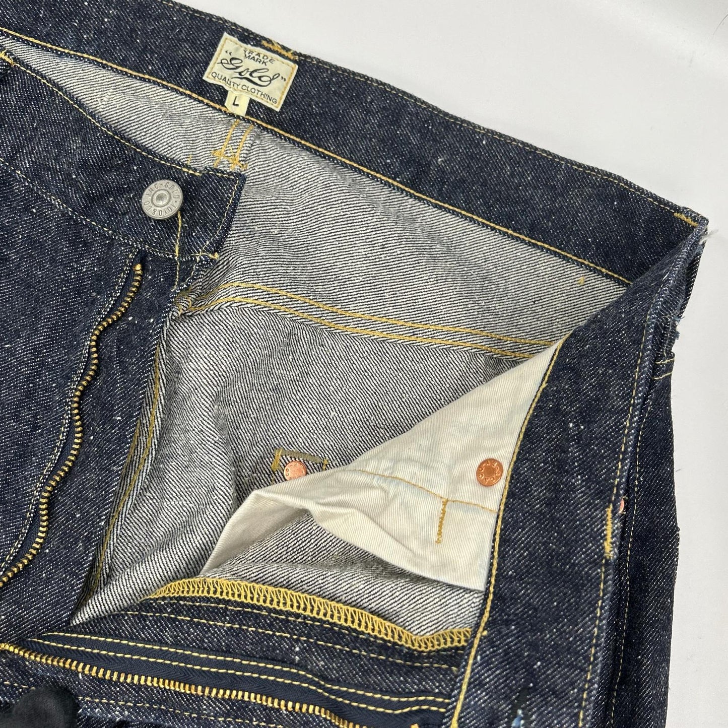 GOLD ゴールド GL42579A インディゴ RECYCLED WASTE SUVIN COTTON YARN 14oz. DENIM 5POCKET WIDE PANTS ジップフライデニムパンツ ボトムス