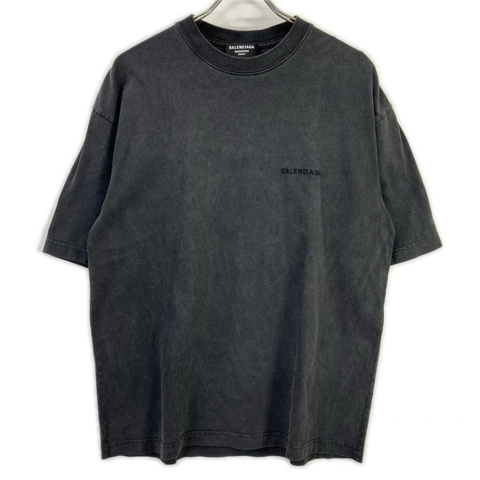 BALENCIAGA バレンシアガ 612966 ダークグレー ガーメントダイ バッグロゴ Tシャツ トップス