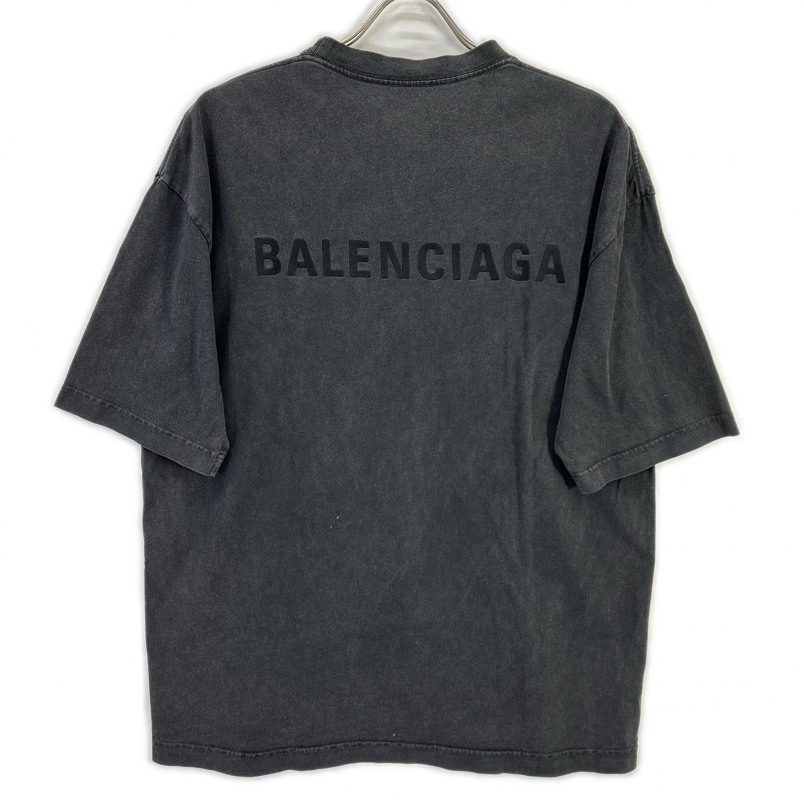 BALENCIAGA バレンシアガ 612966 ダークグレー ガーメントダイ バッグロゴ Tシャツ トップス