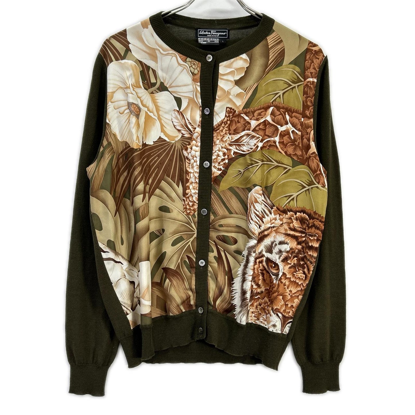 SalvatoreFerragamo サルバトーレフェラガモ カーキ ウール×シルク 花柄 ボタン ニット カーディガン トップス