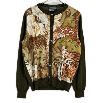 SalvatoreFerragamo サルバトーレフェラガモ カーキ ウール×シルク 花柄 ボタン ニット カーディガン トップス