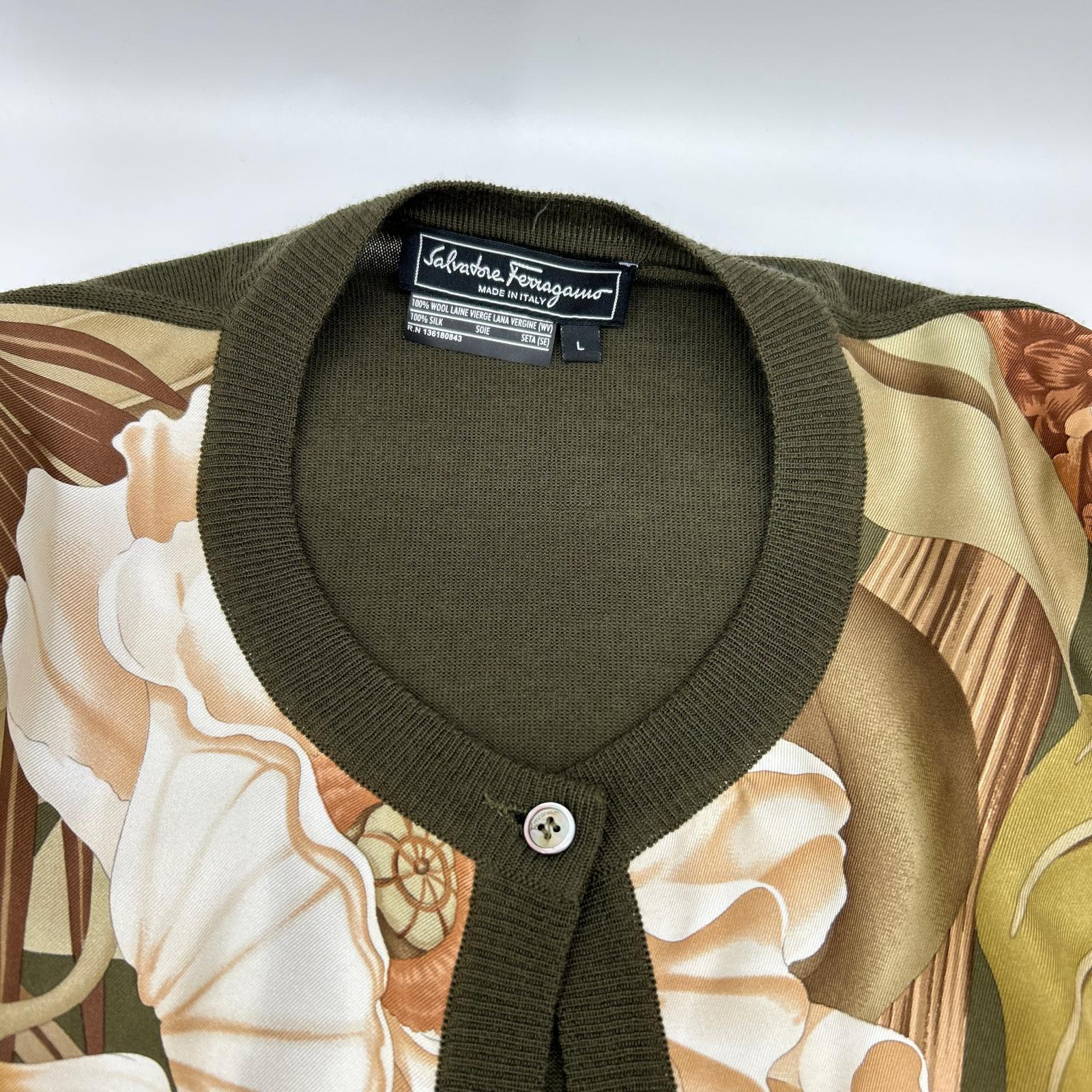 SalvatoreFerragamo サルバトーレフェラガモ カーキ ウール×シルク 花柄 ボタン ニット カーディガン トップス