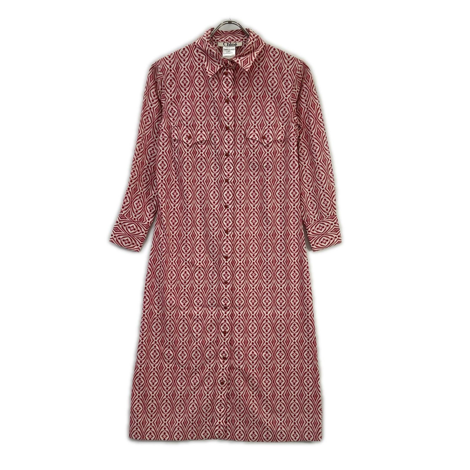 Chloe Chloé Red Cotton All-Over-Pattern Front-Button I-Line Dress