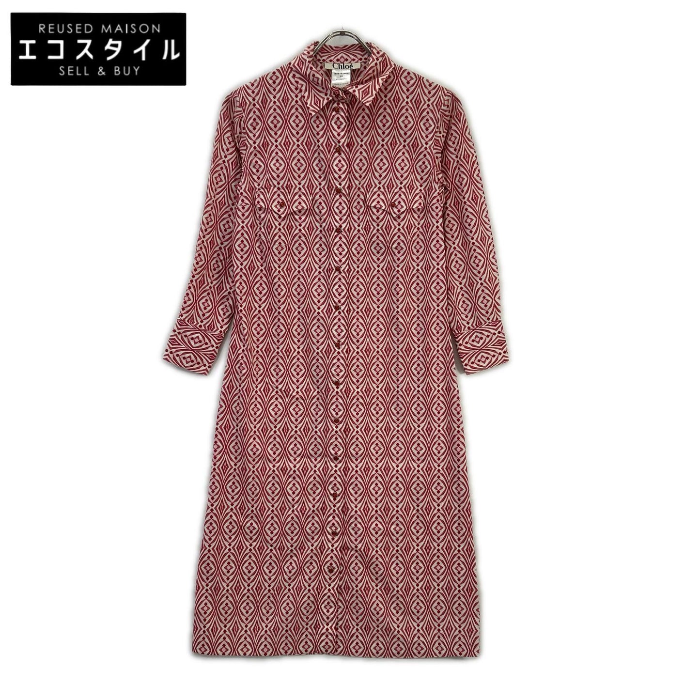 Chloe Chloé Red Cotton All-Over-Pattern Front-Button I-Line Dress