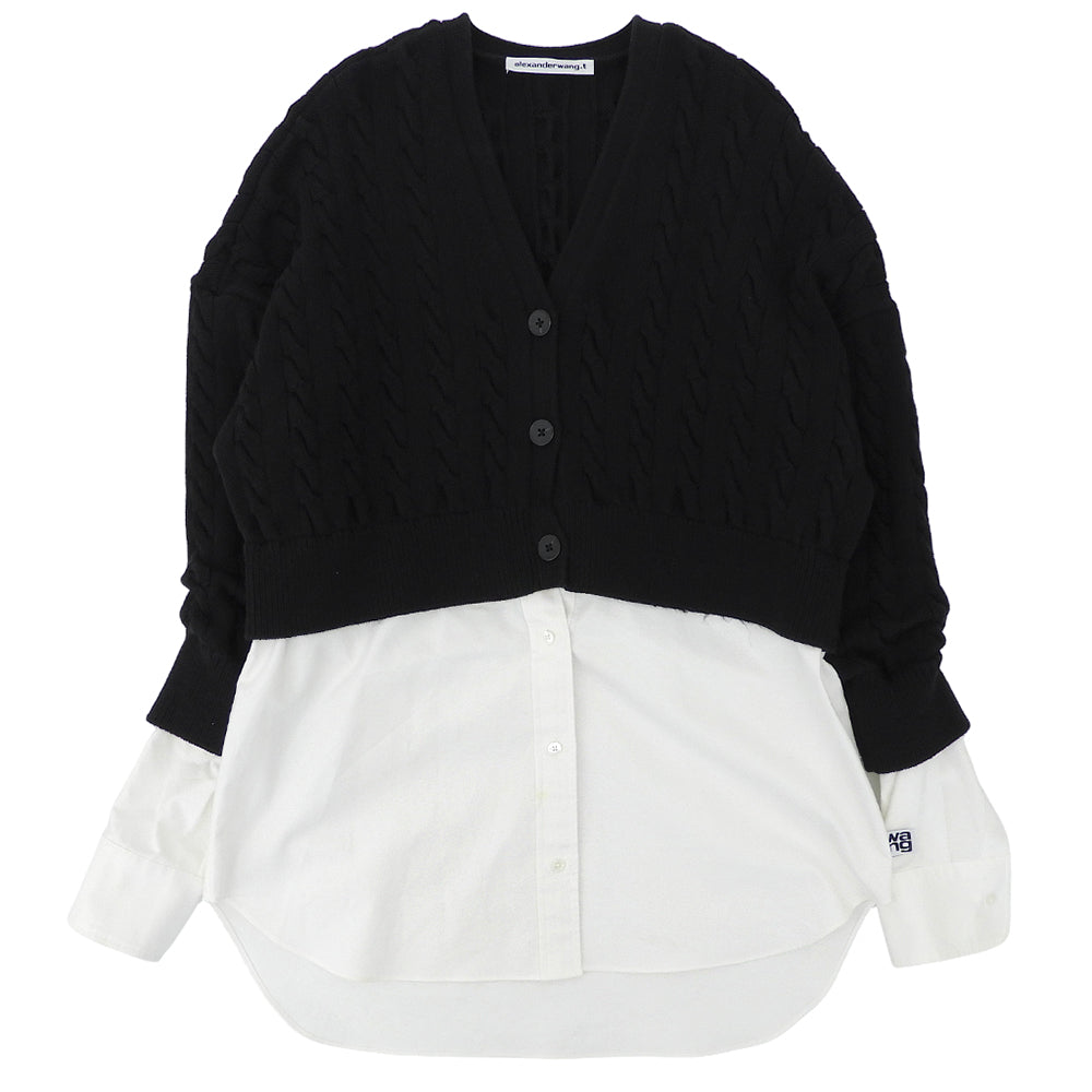 ALEXANDER WANG アレキサンダーワン コットンナイロン ケーブルニットセーター×シャツ バイレイヤード カーディガン トップス 黒×白 S トップス