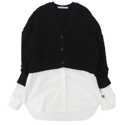 ALEXANDER WANG アレキサンダーワン コットンナイロン ケーブルニットセーター×シャツ バイレイヤード カーディガン トップス 黒×白 S トップス
