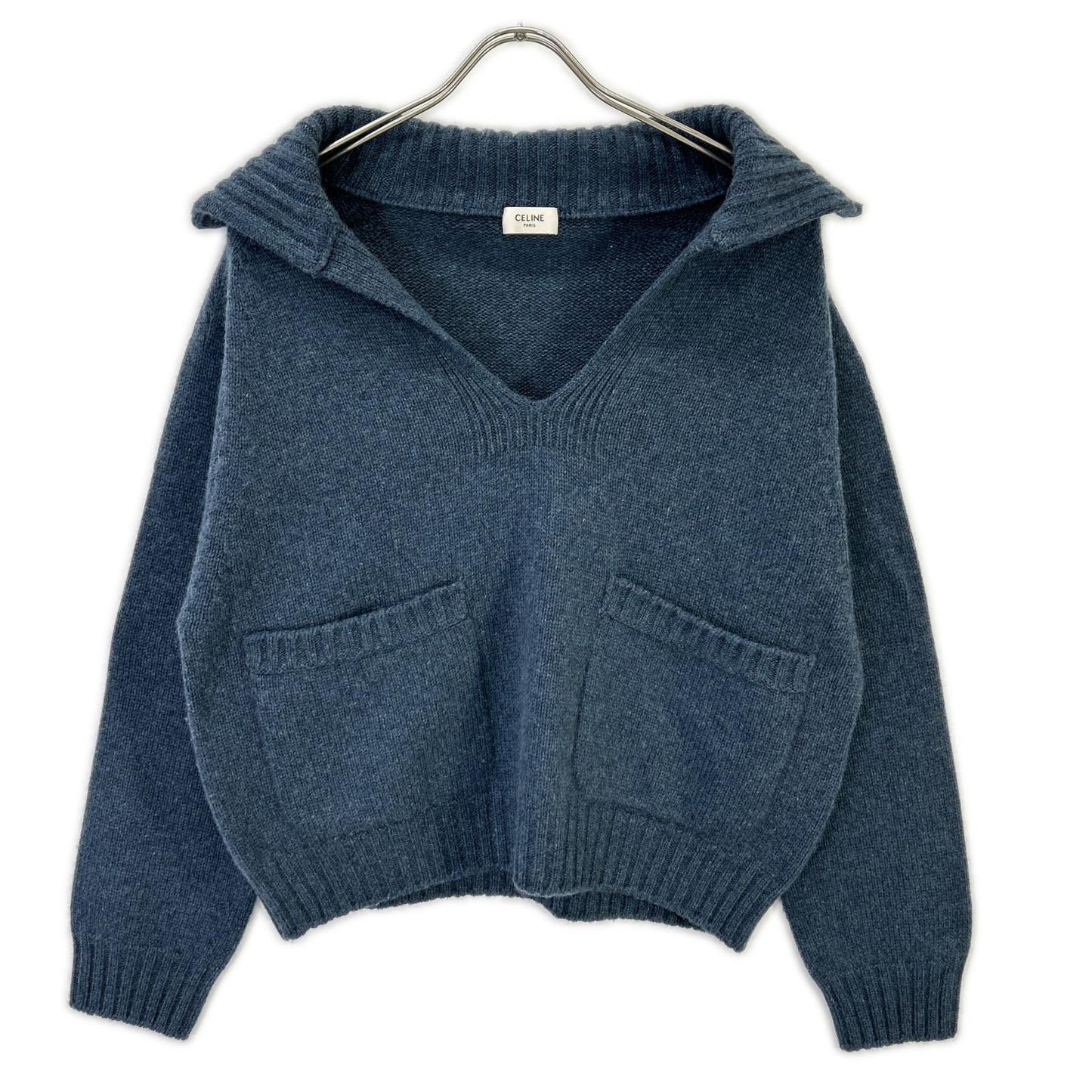 CELINE セリーヌ 2A52B384D ブルー カシミヤ100 エディ期 OPEN-COLLAR SWEATER オープンカラープルオーバーニット トップス