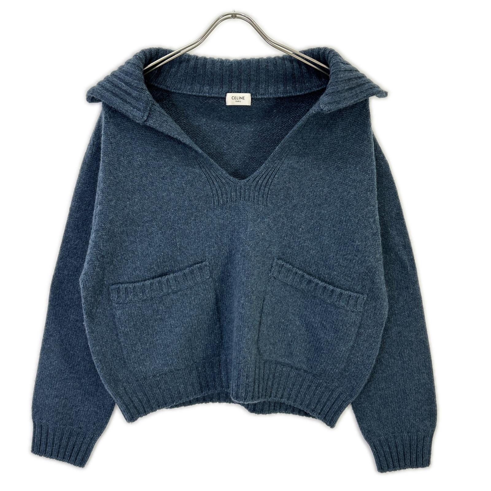 CELINE セリーヌ 2A52B384D ブルー カシミヤ100 エディ期 OPEN-COLLAR SWEATER オープンカラープルオーバーニット トップス