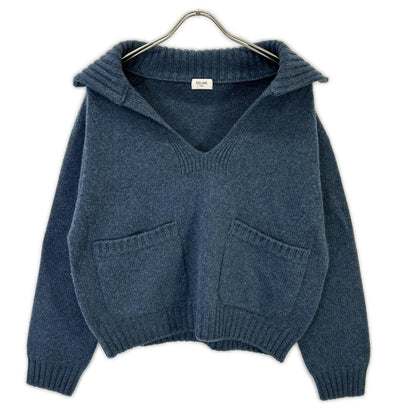 CELINE セリーヌ 2A52B384D ブルー カシミヤ100 エディ期 OPEN-COLLAR SWEATER オープンカラープルオーバーニット トップス