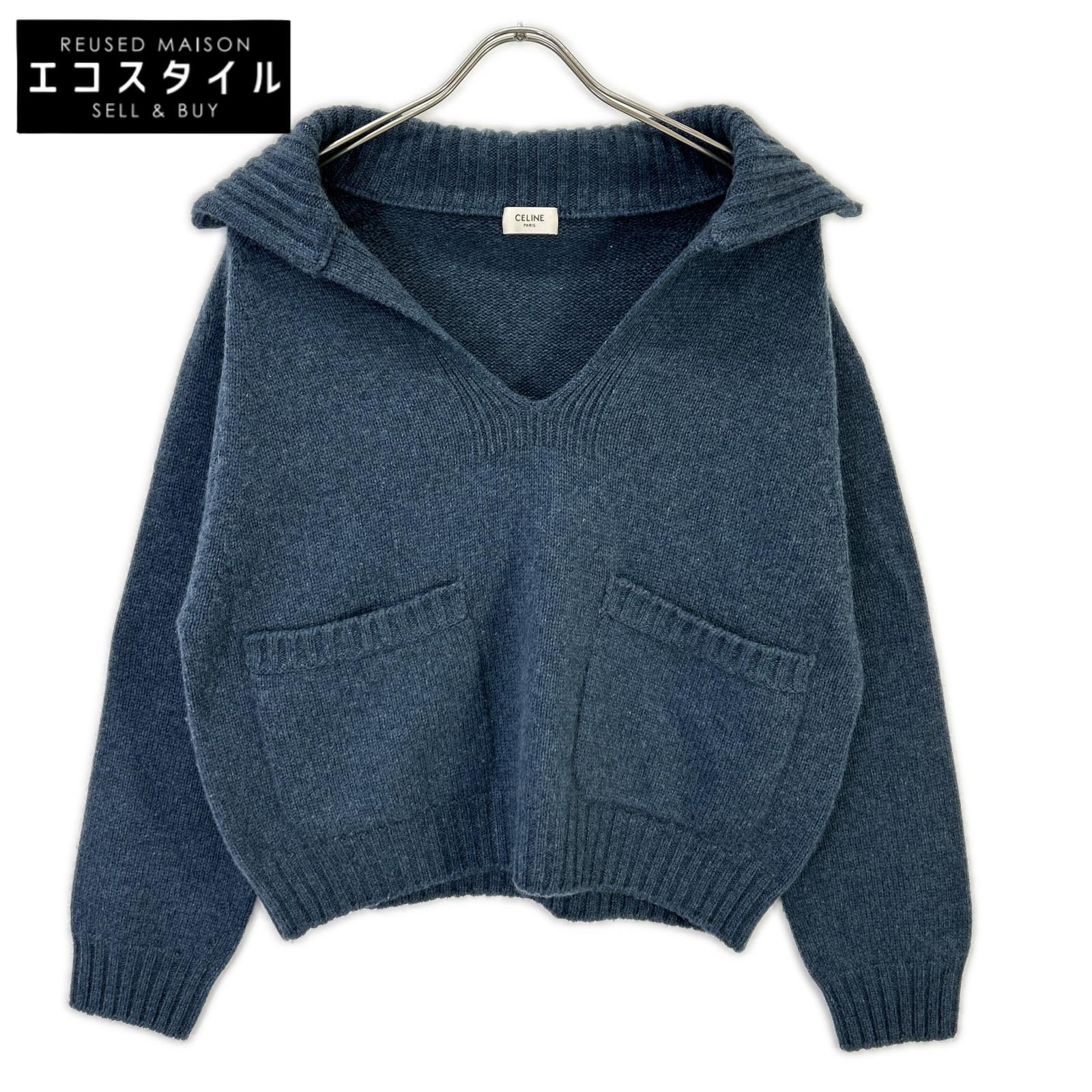 CELINE セリーヌ 2A52B384D ブルー カシミヤ100 エディ期 OPEN-COLLAR SWEATER オープンカラープルオーバーニット トップス