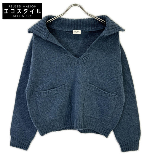 CELINE セリーヌ 2A52B384D ブルー カシミヤ100 エディ期 OPEN-COLLAR SWEATER オープンカラープルオーバーニット トップス