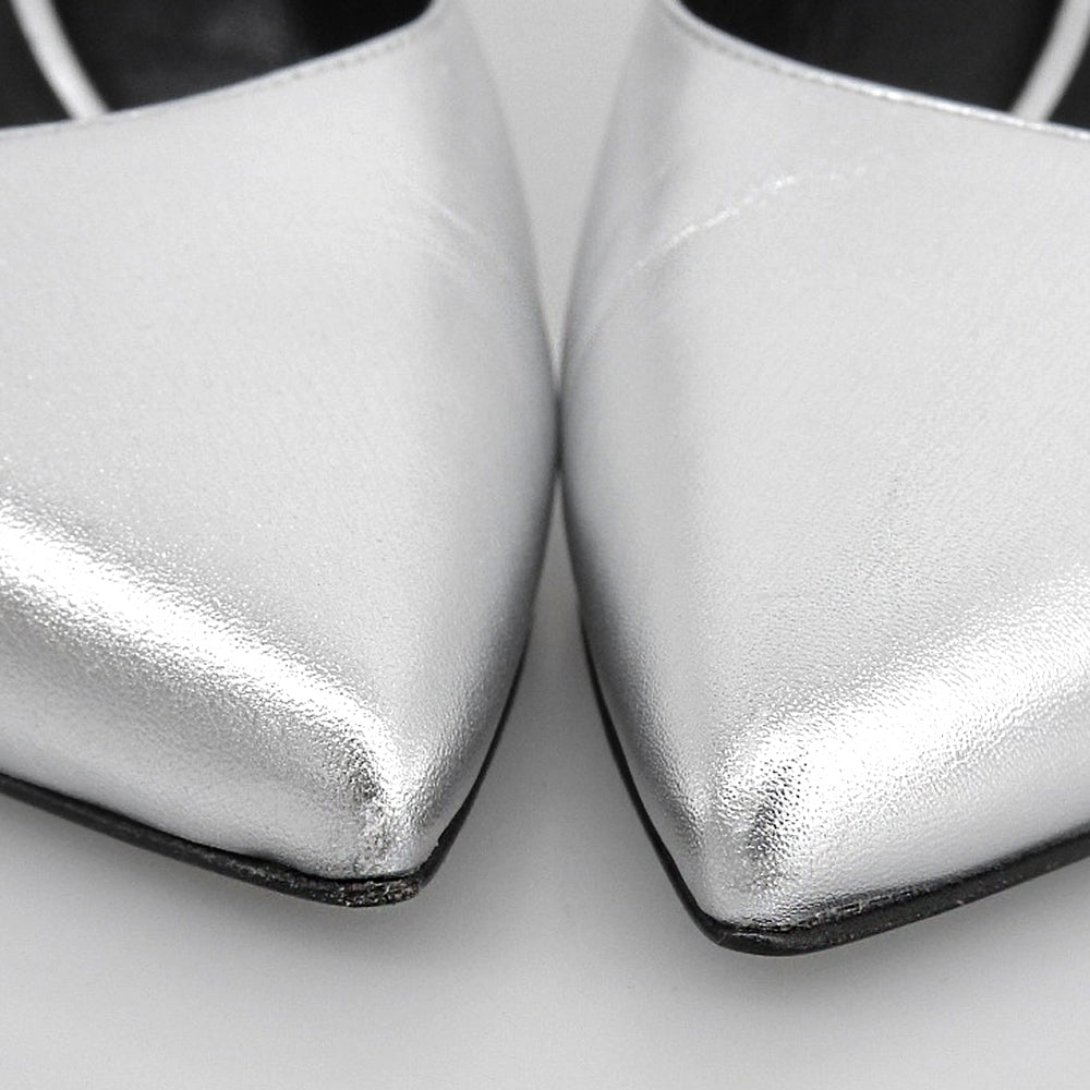 CELINE セリーヌ 美品 ポインテッドトゥ アンクルストラップパンプス シューズ レディース シルバー 36.5 シューズ