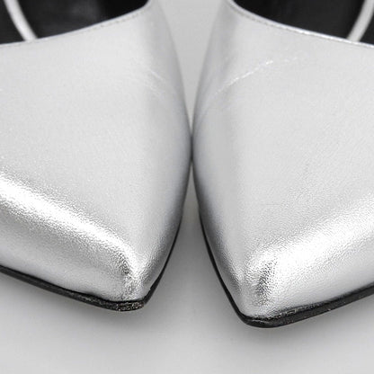 CELINE セリーヌ 美品 ポインテッドトゥ アンクルストラップパンプス シューズ レディース シルバー 36.5 シューズ
