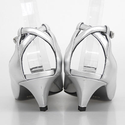 CELINE セリーヌ 美品 ポインテッドトゥ アンクルストラップパンプス シューズ レディース シルバー 36.5 シューズ