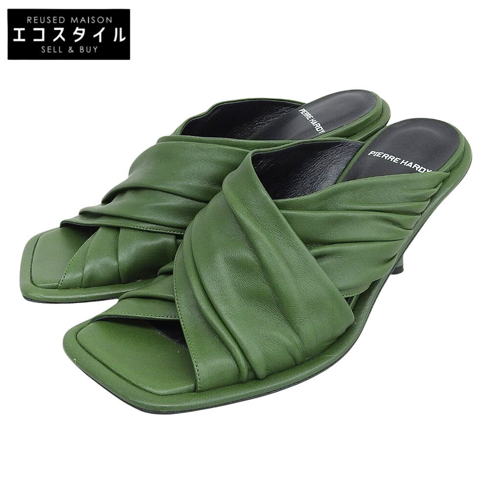 PIERRE HARDY ピエールアルディ LAVA レザー プリーツ スクエアトゥ ミュール レディース グリーン 37 シューズ