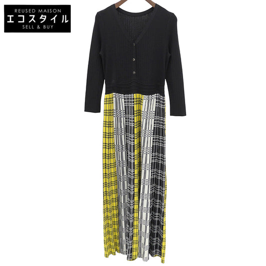 GRACE CONTINENTAL, excellent condition, rayon-blend checked pleated knit dress, women's, black × yellow × white, 36, 19333083, dress