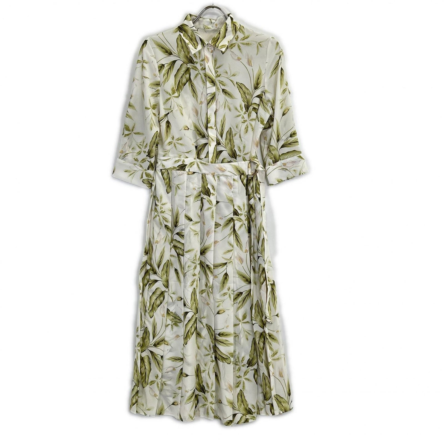 Diagram Diagram 0323131129 Ecru Polyester Pleated Anthurium-Print Belted Dress Dress