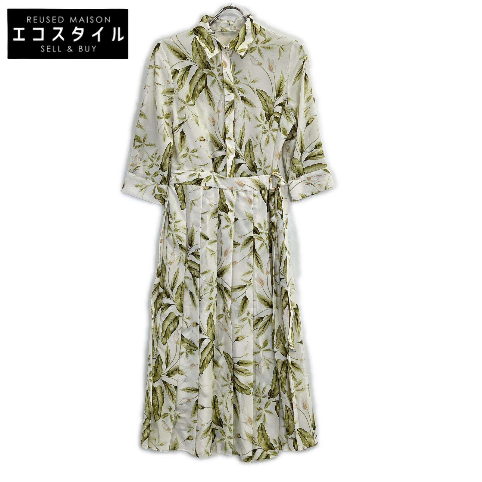 Diagram Diagram 0323131129 Ecru Polyester Pleated Anthurium-Print Belted Dress Dress