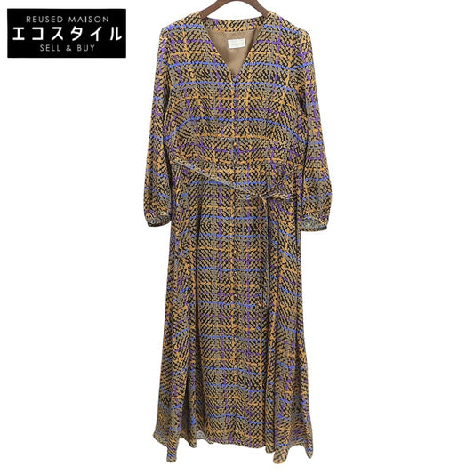 Grace Class グレースクラス 美品 サテン ヘリンボーンチェックプリントワンピース レディース キャメル 38 0223331221 ワンピース