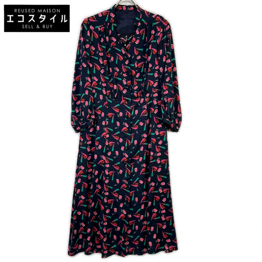 Grace Class Grace Class 0223431105 Navy Polyester Stand-Collar Cosmetics-Motif-Print Dress Dress
