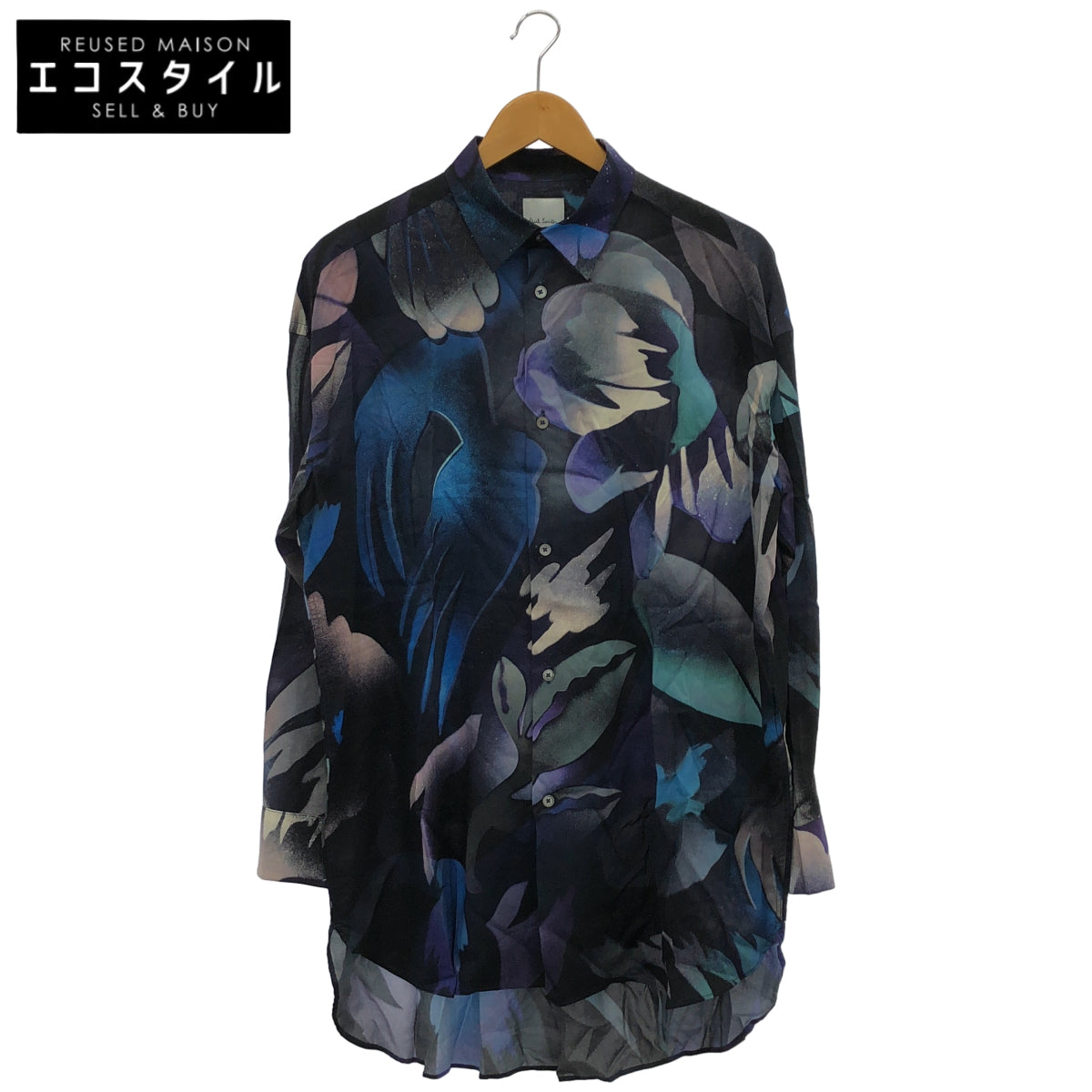 PaulSmith ポールスミス PF-CR-74078 ブラック×ブルー グラフィックプリント オーバーサイズボタンシャツ トップス