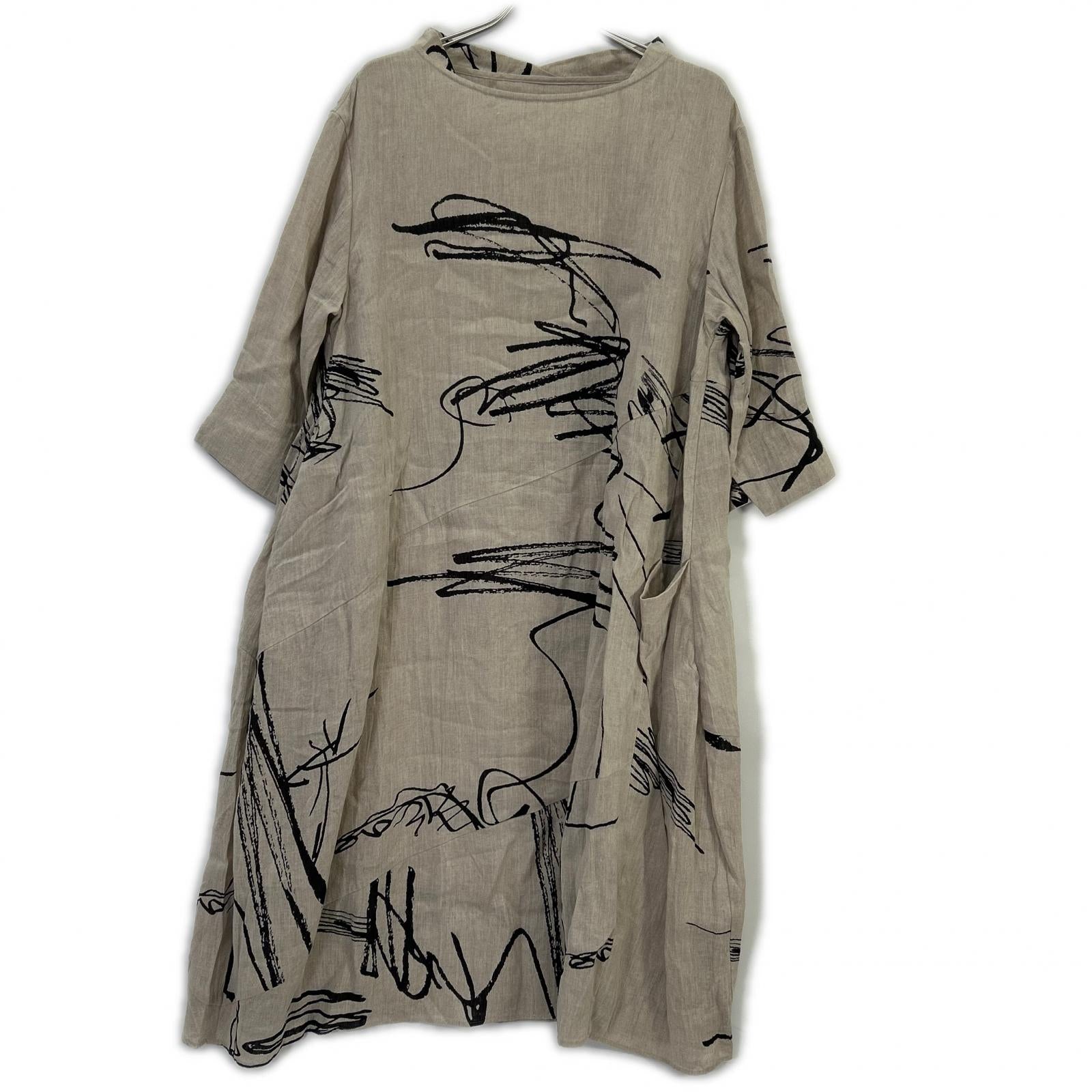 Fume Senso Unico 芽風 13125409 ベージュ リネン ペイント ハーフスリーブワンピース ワンピース
