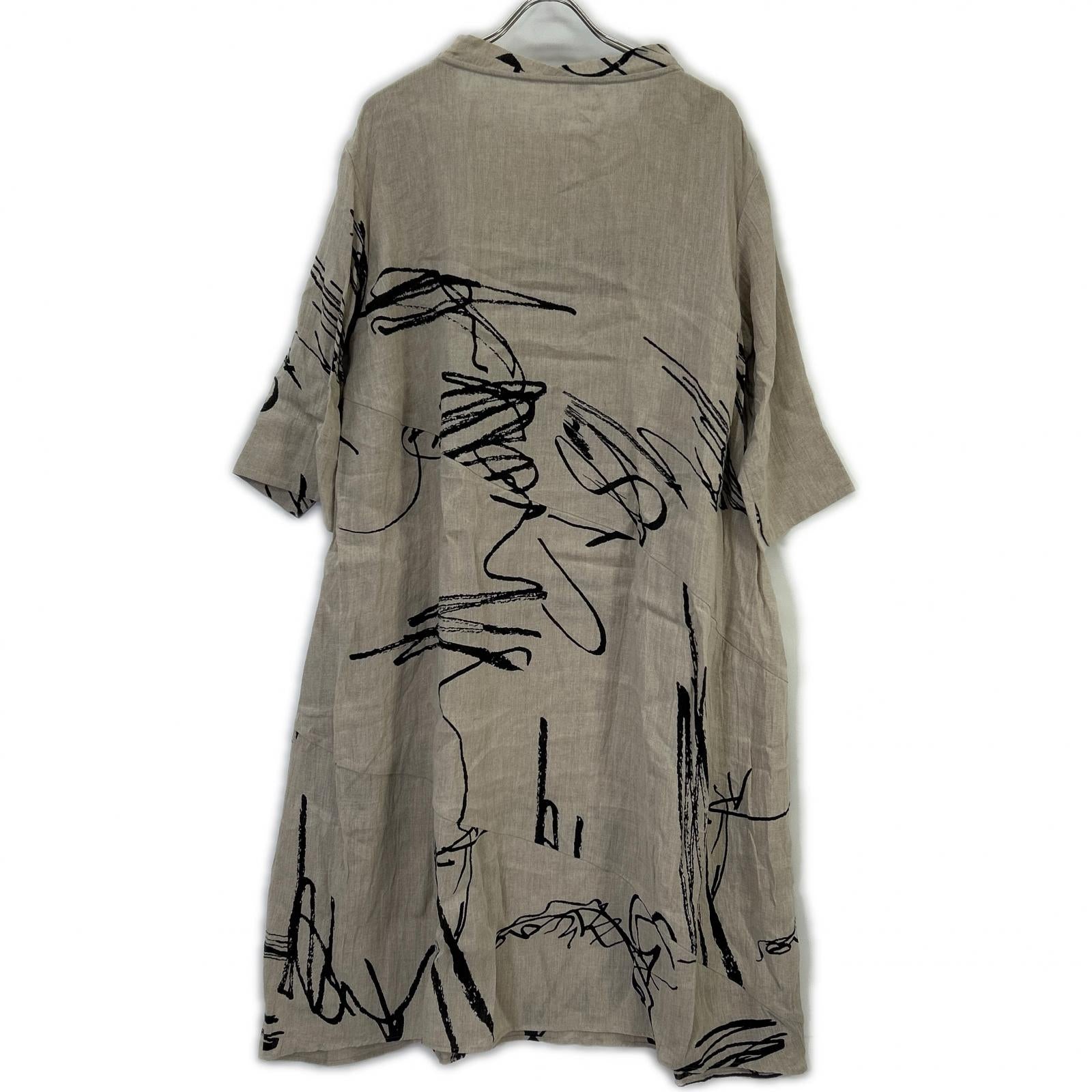 Fume Senso Unico 芽風 13125409 ベージュ リネン ペイント ハーフスリーブワンピース ワンピース