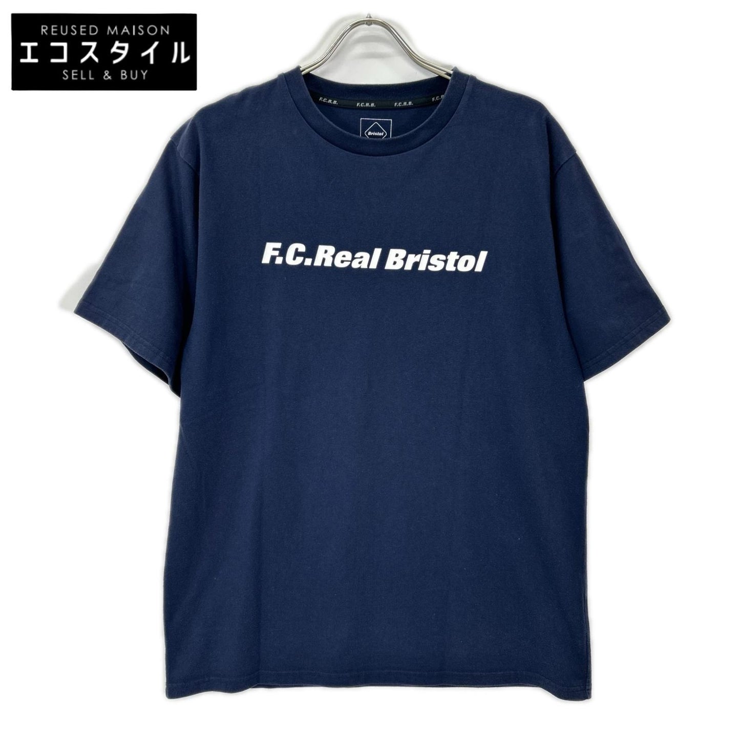 F.C.Real Bristol エフシーリアルブリストル FCRB-210064 ネイビー×ホワイト コットン混 ロゴプリント ショートスリーブカットソー トップス