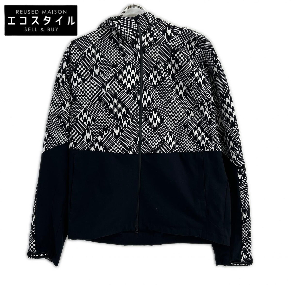 PEARLY GATES Pearly Gates 053-3220903 Black × White Polyester Houndstooth Hooded Zip Jacket
