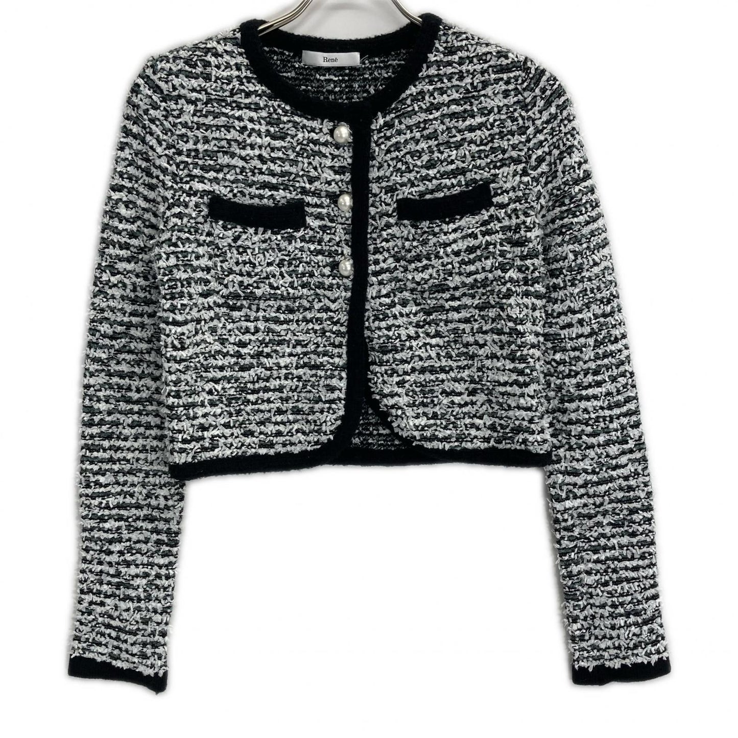 Rene ルネ 22AW 6242160 ホワイト×ブラック ウールナイロン パールボタン ノーカラーツイードジャケット ジャケット