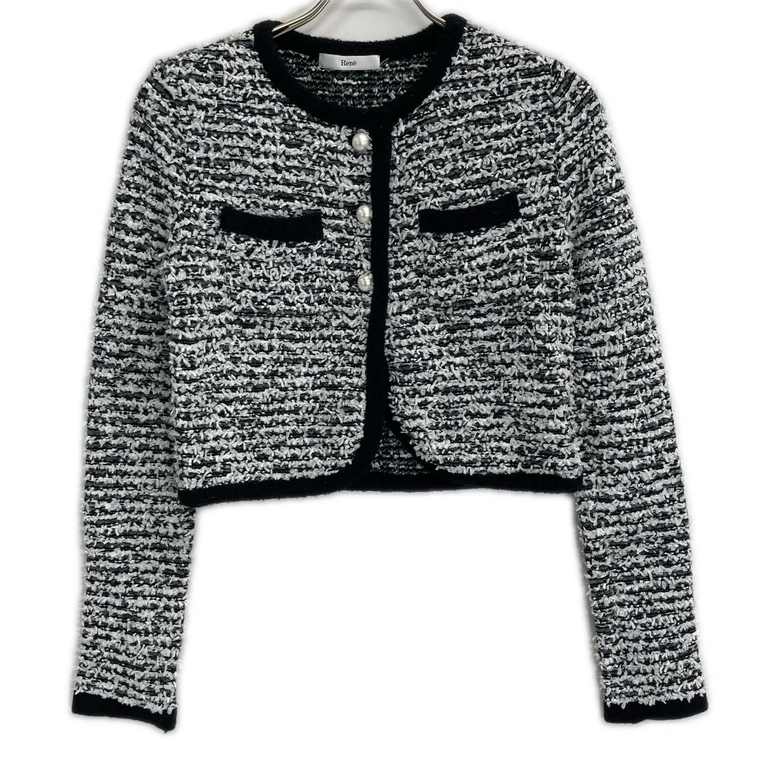 Rene ルネ 22AW 6242160 ホワイト×ブラック ウールナイロン パールボタン ノーカラーツイードジャケット ジャケット